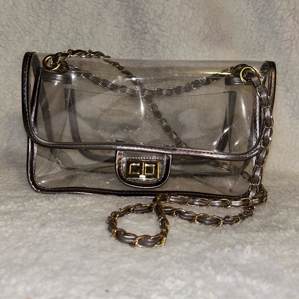 Transparent Crossbody Bag with Metallic Silver Trim and Chain Strap
